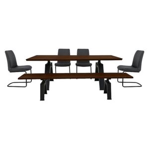 Thor Dining Table, 4 Grey Dining Chairs and Dining Bench Dining Set - Brown