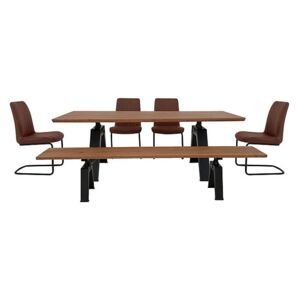 Thor Dining Table, 4 Cognac Dining Chairs and Dining Bench Dining Set - Brown