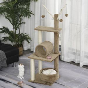 PawHut Cats Sisal Rope 3-Tier Scratching Tree w/ Dangle Toys Brown