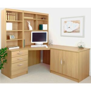 Small Office Corner Desk Set With 3 Drawers, Cupboard & Hutch Bookcases (Classic Oak)