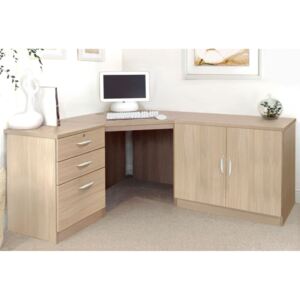 Small Office Corner Desk Set With 3 Drawers & Cupboard (Sandstone)