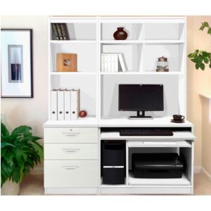 Small Office Desk Set With 3 Drawers, Computer Workstation & Hutch Bookcases (White)