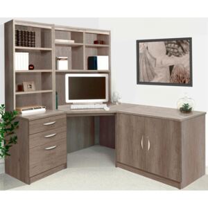 Small Office Corner Desk Set With 3 Drawers, Cupboard & Hutch Bookcases (Grey Nebraska)