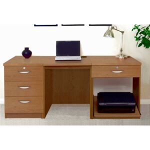 Small Office Desk Set With 3 Media Drawers, 1 Standard Drawer & Printer Shelf (English Oak)