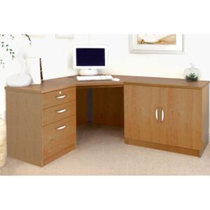 Small Office Corner Desk Set With 3 Drawers & Cupboard (English Oak)