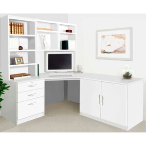 Small Office Corner Desk Set With 3 Drawers, Cupboard & Hutch Bookcases (White)
