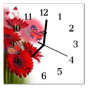 Glass Wall Clock Gerbera Flowers Red