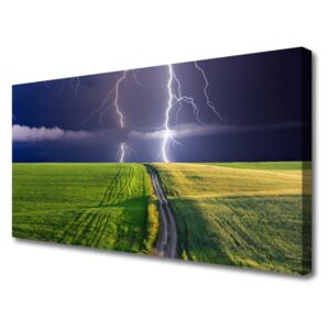Canvas print Field Path Lightning Landscape Grey Green Purple White