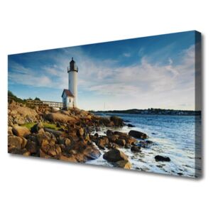 Canvas Wall art Lighthouse Stones Sea Landscape White Brown Grey Yellow