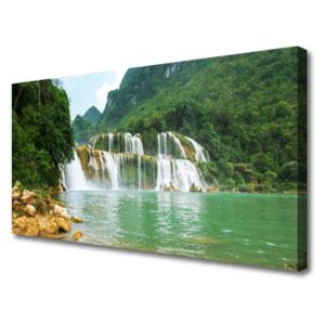 Canvas Wall art Forest Waterfall Landscape Brown Green White Blue