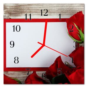 Glass Wall Clock Roses Flowers Red