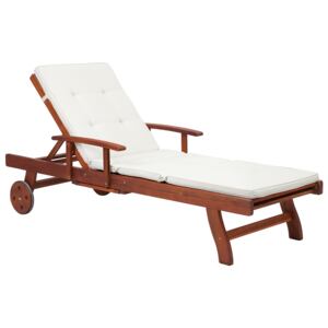 Garden Sun Lounger Dark Acacia Wood Off-White Cushion Reclining with Wheels Tray Classic Outdoor Furniture Beliani