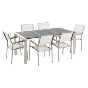 Garden Dining Set White with Flamed Basalt Table Top 6 Seats 180 x 90 cm Triple Plate Beliani