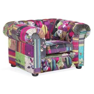 Armchair Multicoloured Fabric Tufted Scroll Arms Purple Patchwork Eclectic Beliani