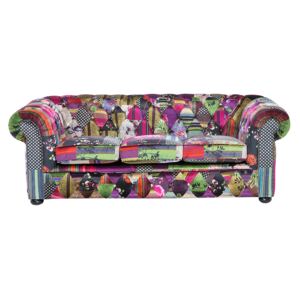 3 Seater Sofa Multicoloured Fabric Tufted Scroll Arms Purple Patchwork Eclectic Beliani