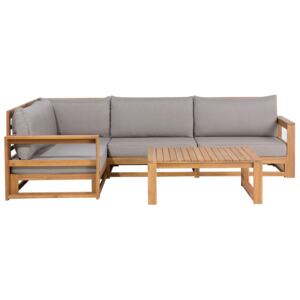 Corner Sofa Garden Set Light Acacia Wood Grey Cushions Modern Outdoor 5 Seater with Coffee Table Beliani