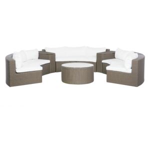Garden Corner Sofa Set Brown Faux Rattan U-Shaped 9 Seater Curved White Cushions with Table Outdoor Wicker Conversation Set Beliani