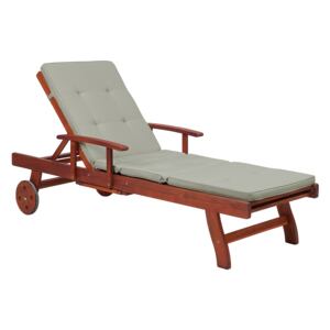 Sun Lounger Dark Acacia Wood Taupe Cushion Reclining with Wheels Tray Classic Outdoor Furniture Beliani