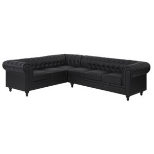 Chesterfield Right Hand Corner Sofa Black Faux Leather Upholstery Dark Wood Legs Chaise 6 Seater Contemporary Beliani