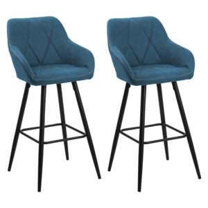 Set of 2 bar stools upholstered in blue fabric with padded backrest arms black metal legs Beliani