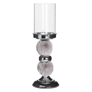 Candle Holder Silver Metal Pillar with Grey Faux Fur Glass Shade 38 cm Accent Piece Decoration Table Centrepiece Beliani
