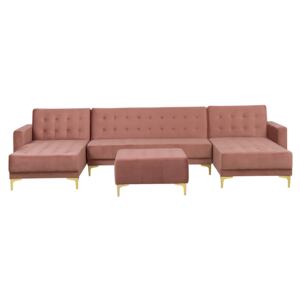Corner Sofa Bed Pink Velvet Tufted Fabric Modern U-Shaped Modular 5 Seater with Ottoman Chaise Longues Beliani