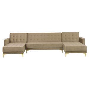 Corner Sofa Bed Beige Velvet Tufted Fabric Modern U-Shaped Modular 5 Seater with Chaise Longues Beliani
