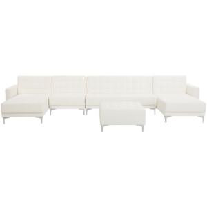 Corner Sofa Bed White Faux Leather Tufted Modern U-Shaped Modular 6 Seater with Ottoman Chaise Longues Beliani