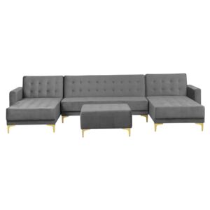 Corner Sofa Bed Grey Velvet Tufted Fabric Modern U-Shaped Modular 5 Seater with Ottoman Chaise Longues Beliani