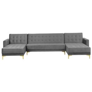 Corner Sofa Bed Grey Velvet Tufted Fabric Modern U-Shaped Modular 5 Seater with Chaise Longues Beliani