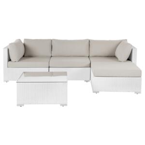 2 Piece Garden Sofa Set White w/ Beige Cushions 5 Seater Corner Coffee Table Beliani