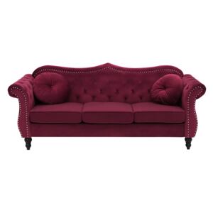 Sofa Red Velvet 3 Seater Nailhead Trim Button Tufted Throw Pillows Rolled Arms Glam Beliani