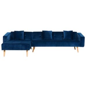 Corner Sofa Bed with 3 Pillows Blue Velvet Upholsery Light Wood Legs Reclining Right Hand Chaise Longue 4 Seater Beliani