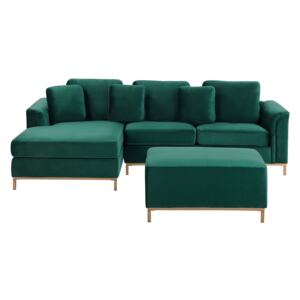 Corner Sofa Green Velvet Upholstered with Ottoman L-shaped Right Hand Orientation Beliani