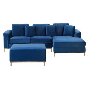 Corner Sofa Blue Velvet Upholstered with Ottoman L-shaped Left Hand Orientation Beliani