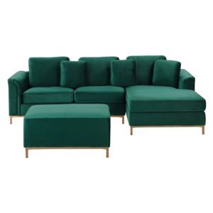 Corner Sofa Green Velvet Upholstered with Ottoman L-shaped Left Hand Orientation Beliani