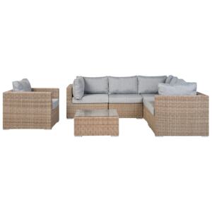 Garden Lounge Set Brown PE Rattan Corner Sofa Armchair Coffee Table Grey Cushions Beliani