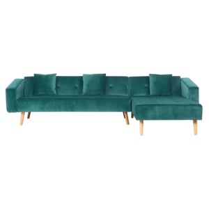 Corner Sofa Bed with 3 Pillows Green Velvet Upholsery Light Wood Legs Reclining Left Hand Chaise Longue 4 Seater Beliani