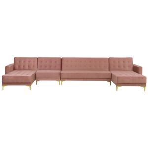 Corner Sofa Bed Pink Velvet Tufted Fabric Modern U-Shaped Modular 6 Seater with Chaise Longues Beliani