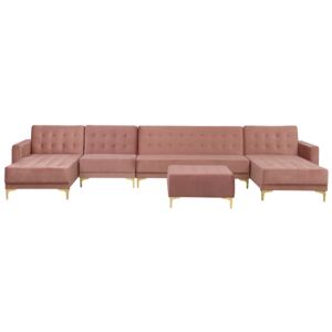 Corner Sofa Bed Pink Velvet Tufted Fabric Modern U-Shaped Modular 6 Seater with Ottoman Chaise Longues Beliani