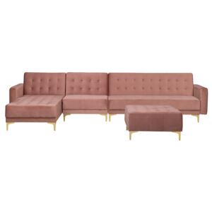 Corner Sofa Bed Pink Velvet Tufted Fabric Modern L-Shaped Modular 5 Seater with Ottoman Right Hand Chaise Longue Beliani