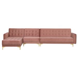 Corner Sofa Bed Pink Velvet Tufted Fabric Modern L-Shaped Modular 5 Seater Left Hand Chaise Longue Beliani