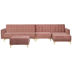Corner Sofa Bed Pink Velvet Tufted Fabric Modern L-Shaped Modular 5 Seater with Ottoman Left Hand Chaise Longue Beliani
