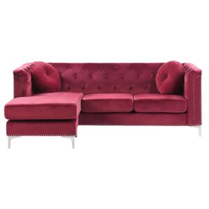 Corner Sofa Burgundy Velvet Upholstered 3 Seater Right Hand L-Shaped Glamour Additional Pillows with Tufting and Nailhead Trims Beliani