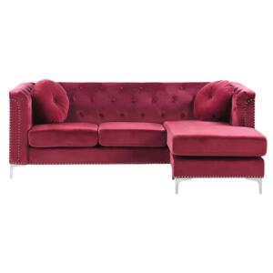 Corner Sofa Burgundy Velvet Upholstered 3 Seater Left Hand L-Shaped Glamour Additional Pillows with Tufting and Nailhead Trims Beliani