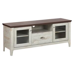 TV Stand White with Dark Wood 58 x 141 cm with Glass Display Cabinets and Drawer Retro Beliani
