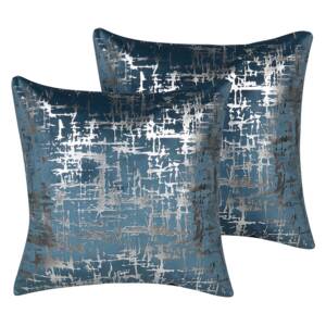 Set of 2 Decorative Cushions Blue Velvet Silver Crackle Effect 45 x 45 cm Foil Print Pattern Glamour Decor Accessories Beliani