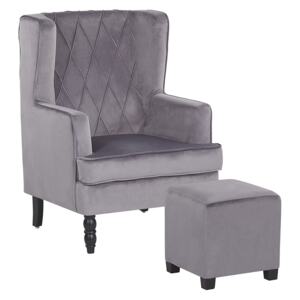 Armchair with Footstool Grey Velvet Fabric Wooden Legs Wingback Style Beliani