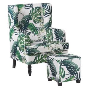 Armchair with Footstool White and Green Leaf Pattern Fabric Wooden Legs Wingback Style Beliani