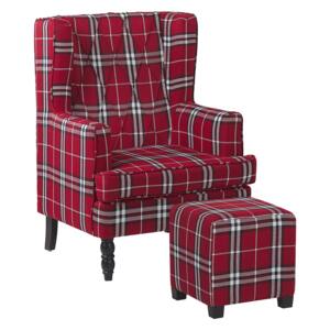 Armchair with Footstool Red and Black Chequered Pattern Fabric Wooden Legs Wingback Style Beliani